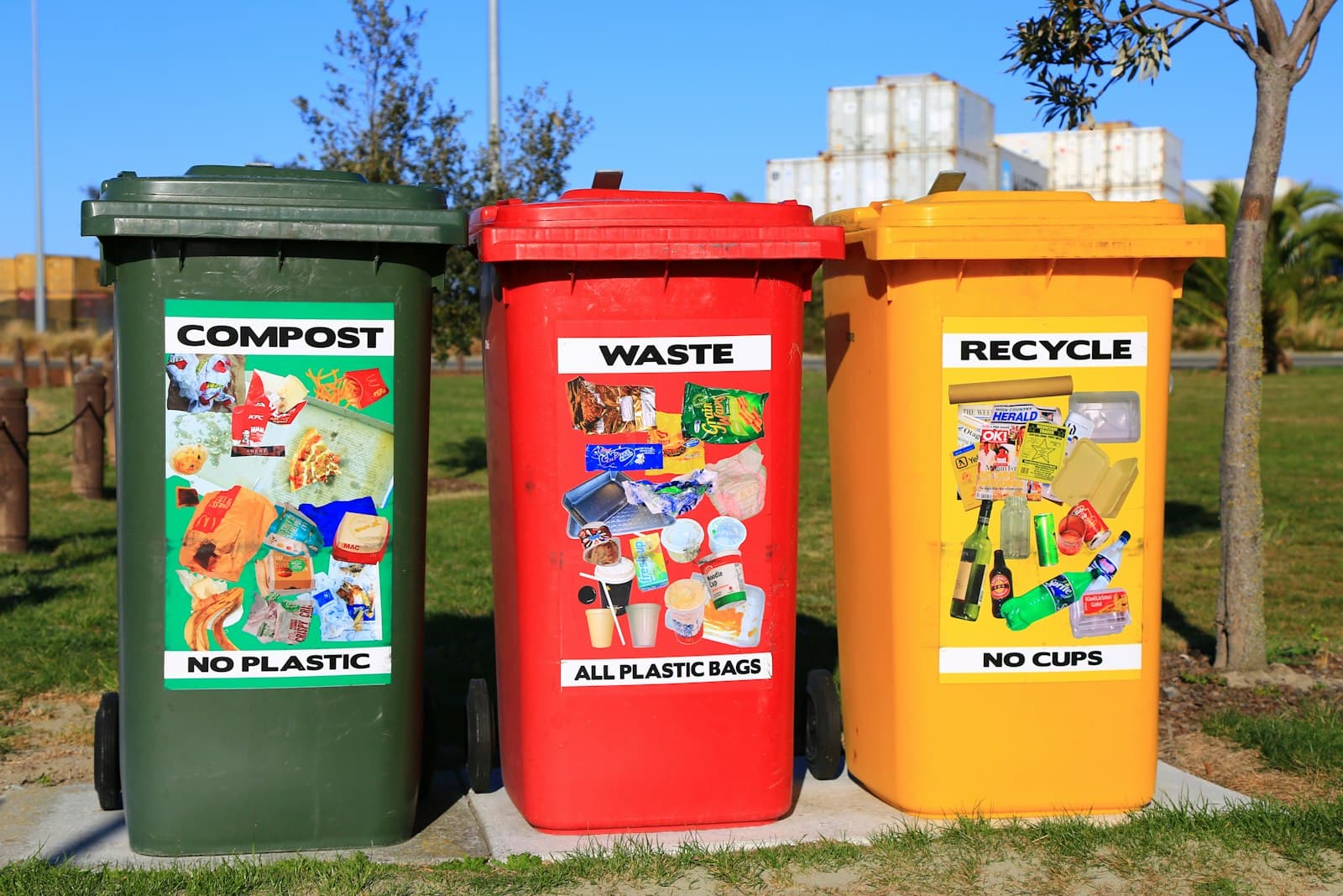 Bennes de collecte sélective de déchets prêtes à l'enlèvement devant un site industriel